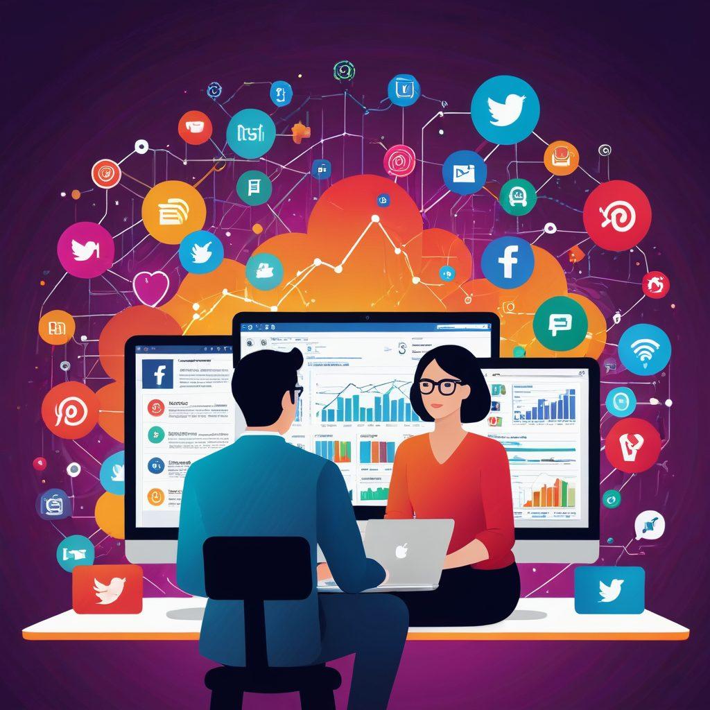 A dynamic digital landscape showcasing diverse marketing strategies, featuring icons of social media platforms, ads, and analytics graphs amid a colorful burst of creative content elements. A person analyzing data on a laptop, with engaging advertisements surrounding them, symbolizing effective outreach. vivid colors. modern vector art.