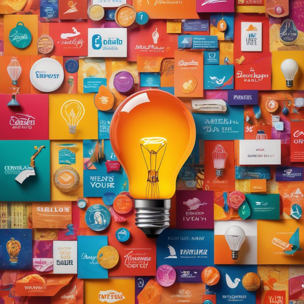 A vibrant and engaging collage of advertising banners showcasing diverse branding strategies, each with unique color palettes and designs that reflect different industries. Include elements like a lightbulb symbolizing ideas, a key unlocking a treasure chest filled with brand logos, and visually striking abstract shapes that represent creativity and innovation. The background should be bright and inviting to capture attention. super-realistic. vibrant colors. 3D.